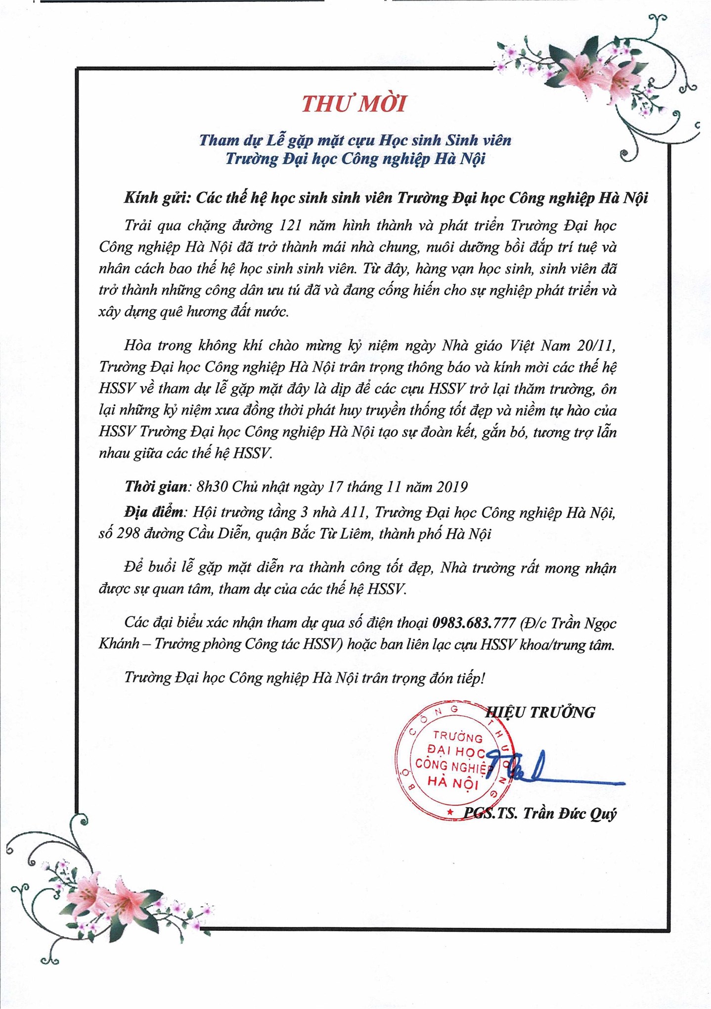 Thư mời gặp mặt các thế hệ cựu học sinh sinh viên trường Đại học Công nghiệp Hà Nội
