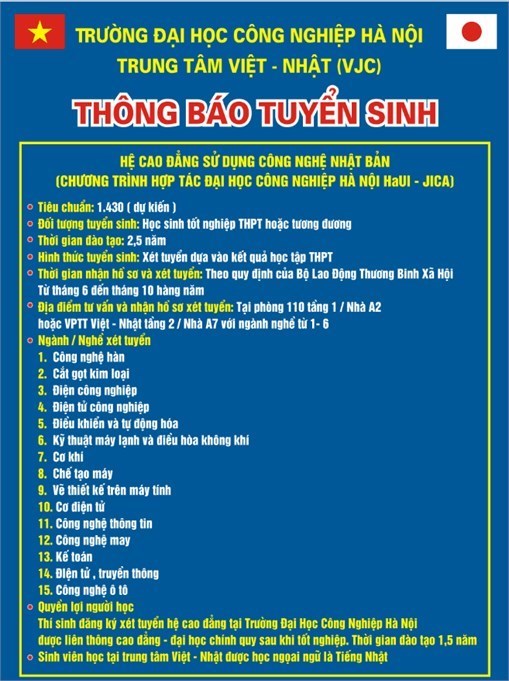 TT Việt Nhật thông báo tuyển sinh hệ cao đẳng năm 2018